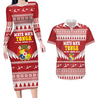 Personalised Tonga Rugby Christmas Couples Matching Long Sleeve Bodycon Dress and Hawaiian Shirt Mate Maa Tonga Ngatu Pattern - Polynesian Pride