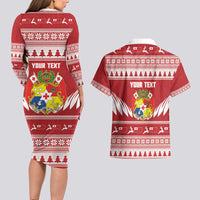 Personalised Tonga Rugby Christmas Couples Matching Long Sleeve Bodycon Dress and Hawaiian Shirt Mate Maa Tonga Ngatu Pattern - Polynesian Pride