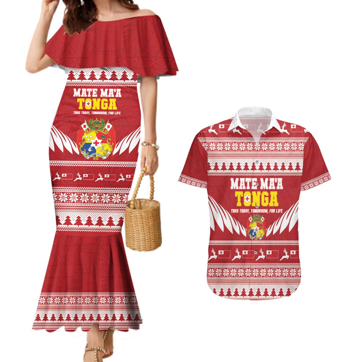 Personalised Tonga Rugby Christmas Couples Matching Mermaid Dress and Hawaiian Shirt Mate Maa Tonga Ngatu Pattern - Polynesian Pride