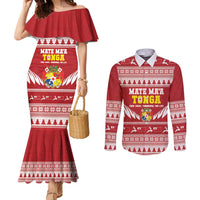 Personalised Tonga Rugby Christmas Couples Matching Mermaid Dress and Long Sleeve Button Shirt Mate Maa Tonga Ngatu Pattern - Polynesian Pride