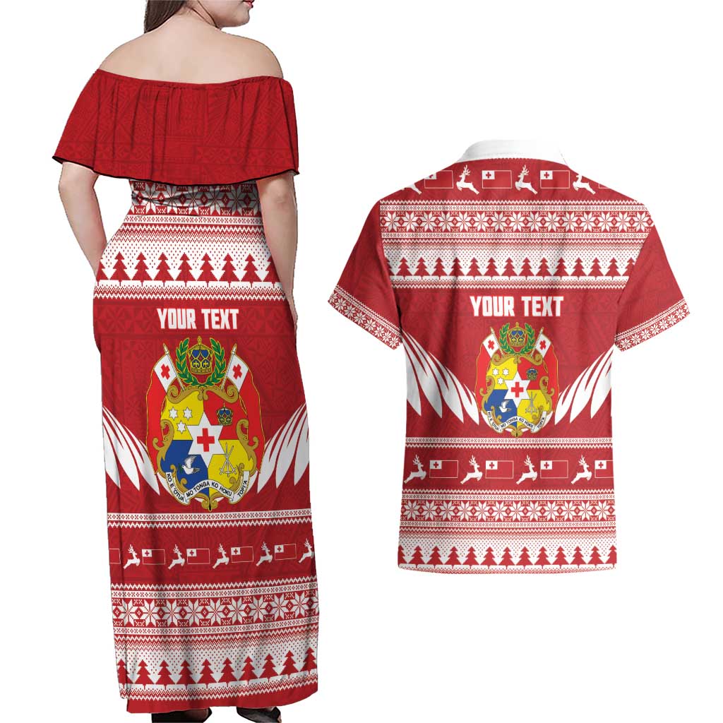 Personalised Tonga Rugby Christmas Couples Matching Off Shoulder Maxi Dress and Hawaiian Shirt Mate Maa Tonga Ngatu Pattern - Polynesian Pride