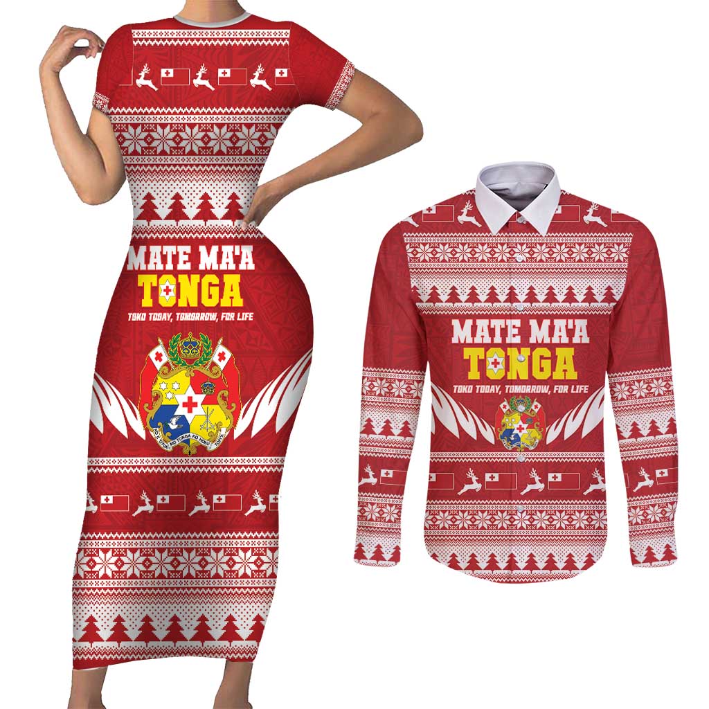 Personalised Tonga Rugby Christmas Couples Matching Short Sleeve Bodycon Dress and Long Sleeve Button Shirt Mate Maa Tonga Ngatu Pattern - Polynesian Pride