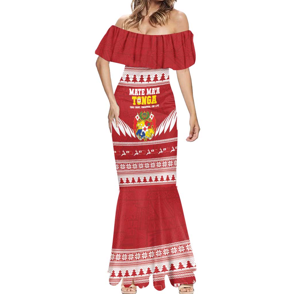 Personalised Tonga Rugby Christmas Mermaid Dress Mate Maa Tonga Ngatu Pattern - Polynesian Pride