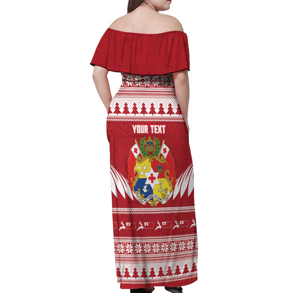 Personalised Tonga Rugby Christmas Off Shoulder Maxi Dress Mate Maa Tonga Ngatu Pattern - Polynesian Pride