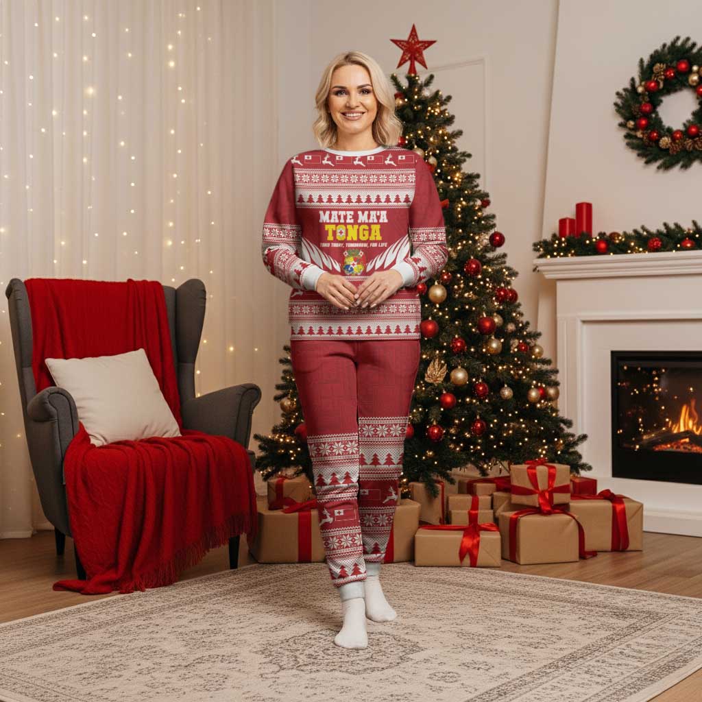 Personalised Tonga Rugby Christmas Pajama Set Mate Maa Tonga Ngatu Pattern - Polynesian Pride