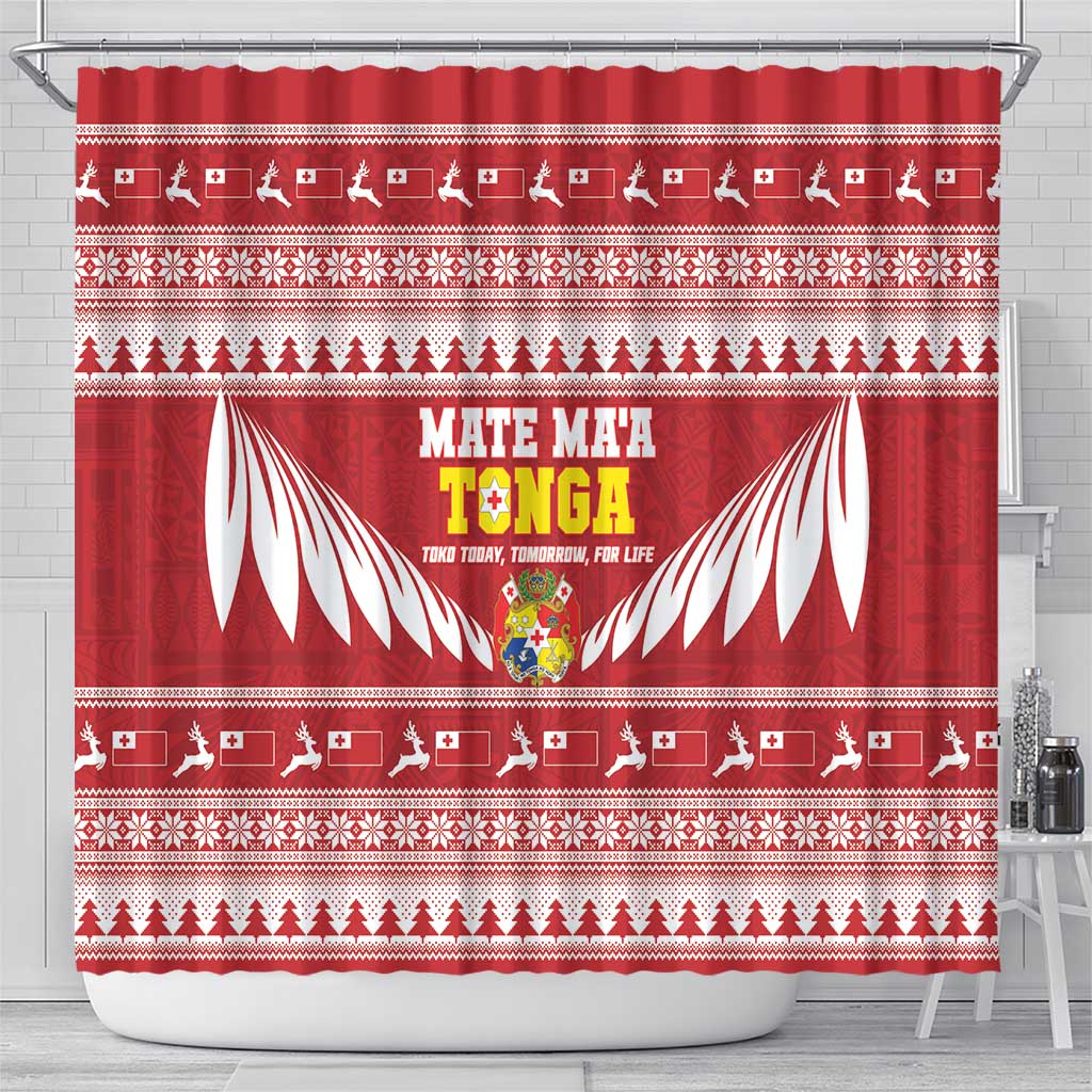 Tonga Rugby Christmas Shower Curtain Mate Maa Tonga Ngatu Pattern - Polynesian Pride