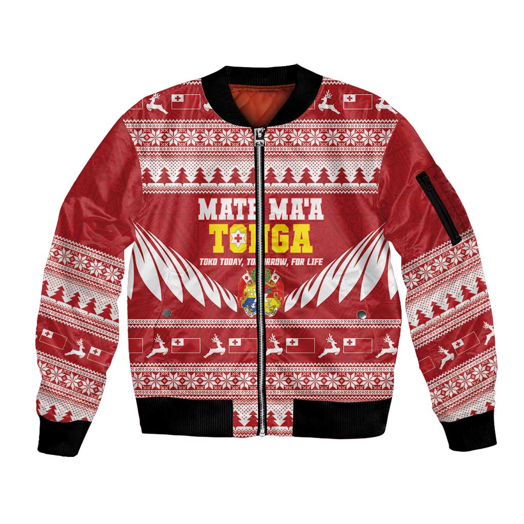 Personalised Tonga Rugby Christmas Sleeve Zip Bomber Jacket Mate Maa Tonga Ngatu Pattern - Polynesian Pride