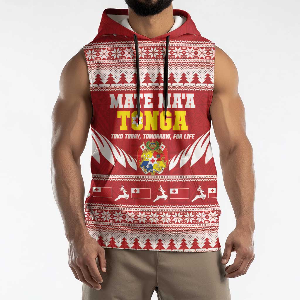 Personalised Tonga Rugby Christmas Sleeveless Hoodie Mate Maa Tonga Ngatu Pattern - Polynesian Pride