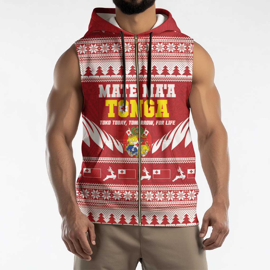 Personalised Tonga Rugby Christmas Sleeveless Zip Hoodie Mate Maa Tonga Ngatu Pattern - Polynesian Pride