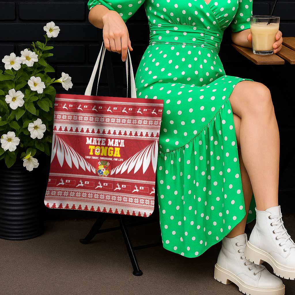 Tonga Rugby Christmas Tote Bag Mate Maa Tonga Ngatu Pattern - Polynesian Pride