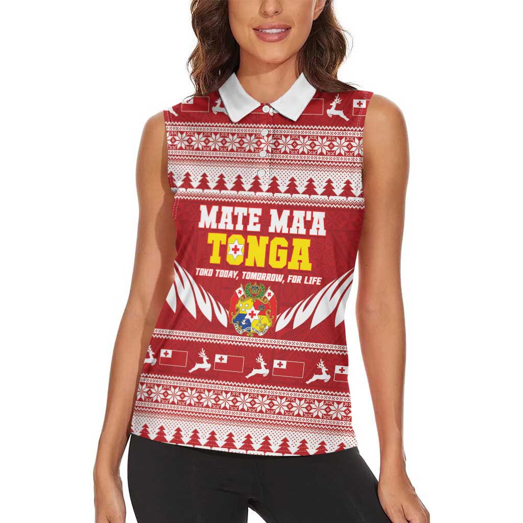 Personalised Tonga Rugby Christmas Women Sleeveless Polo Shirt Mate Maa Tonga Ngatu Pattern - Polynesian Pride