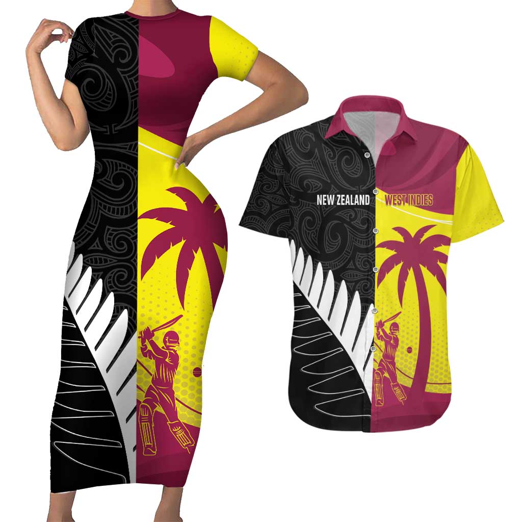 New Zealand and West Indies Cricket Custom Couples Matching Short Sleeve Bodycon Dress and Hawaiian Shirt Black Cap Windies Together LT14 Black - Polynesian Pride