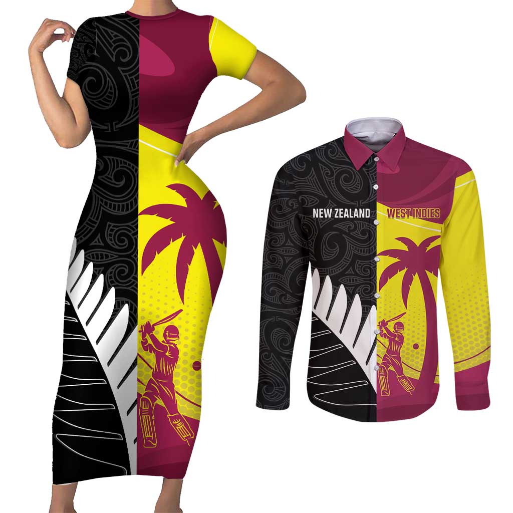 New Zealand and West Indies Cricket Custom Couples Matching Short Sleeve Bodycon Dress and Long Sleeve Button Shirt Black Cap Windies Together - Polynesian Pride