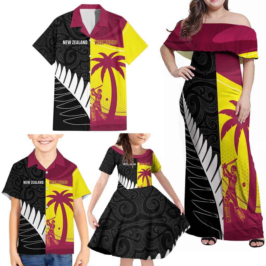 New Zealand and West Indies Cricket Custom Family Matching Off Shoulder Maxi Dress and Hawaiian Shirt Black Cap Windies Together - Polynesian Pride