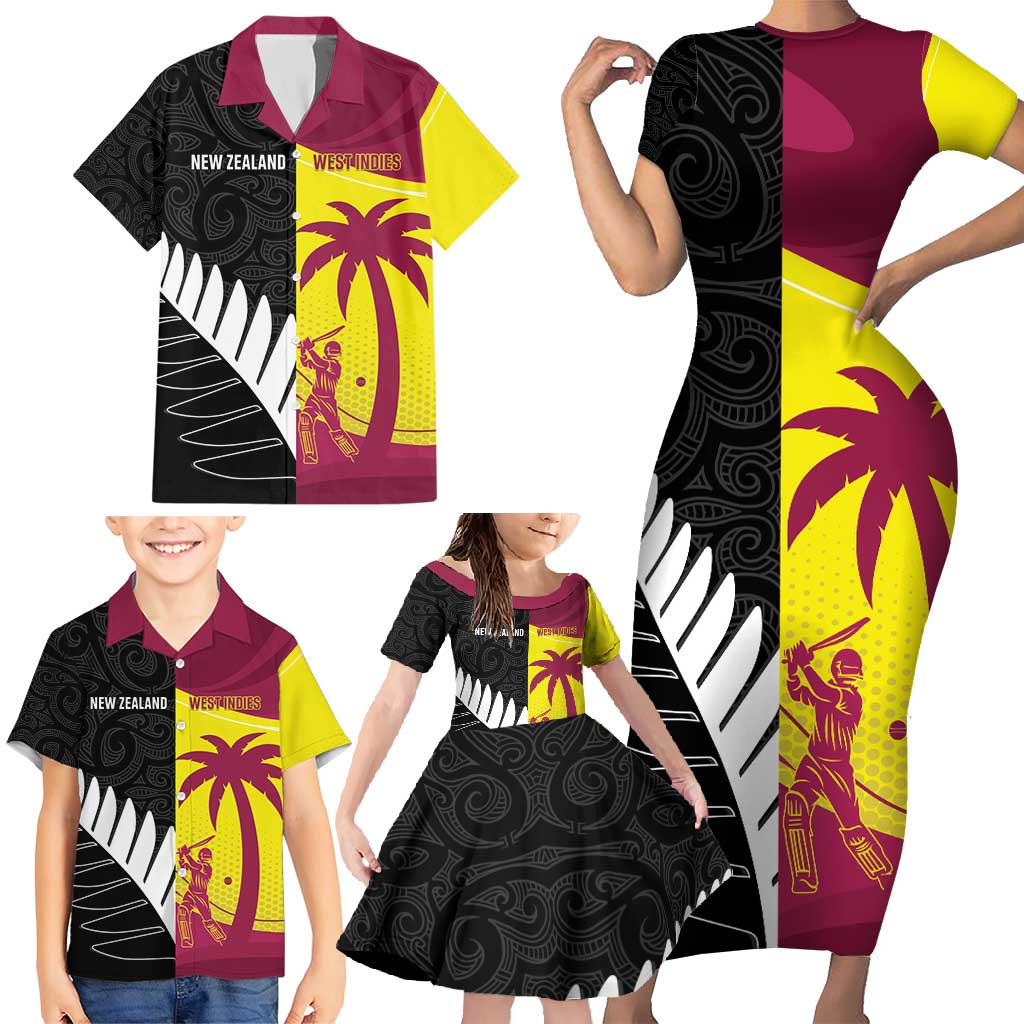 New Zealand and West Indies Cricket Custom Family Matching Short Sleeve Bodycon Dress and Hawaiian Shirt Black Cap Windies Together - Polynesian Pride