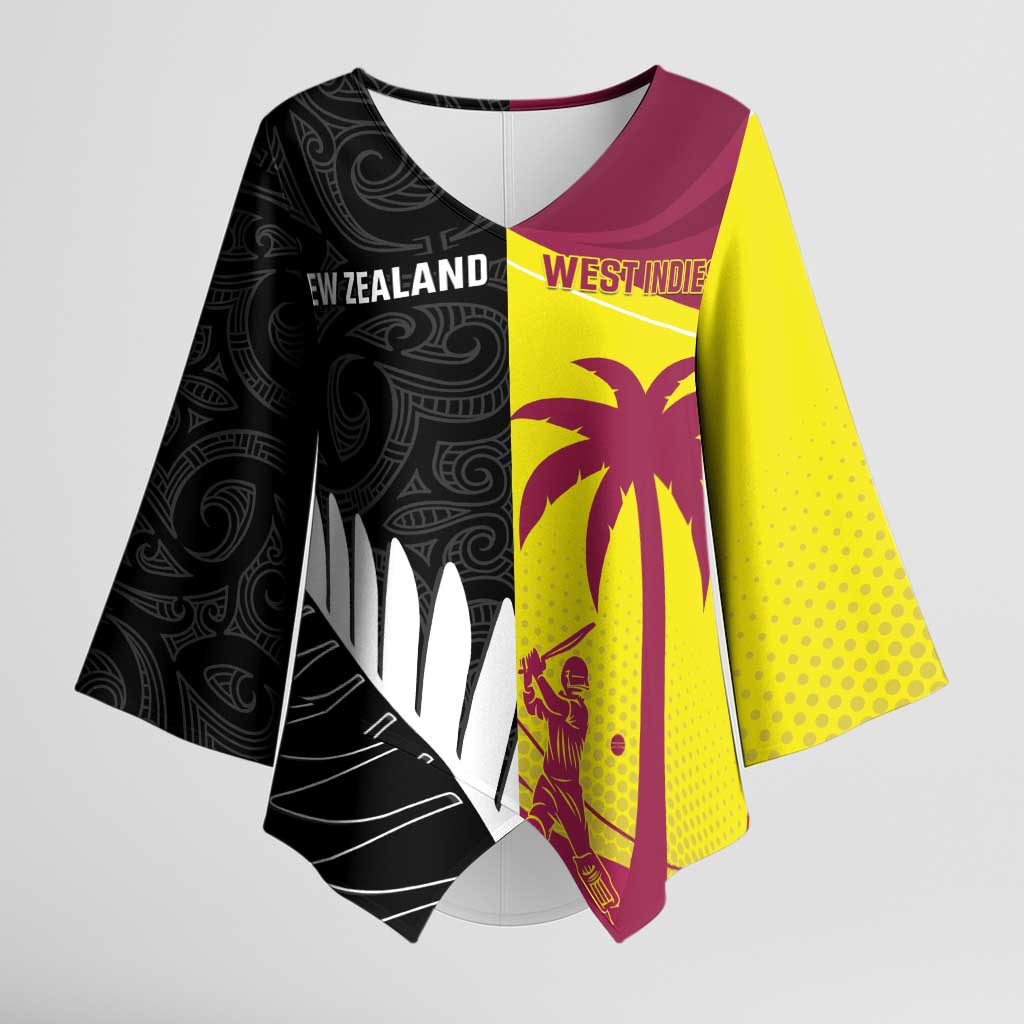 New Zealand and West Indies Cricket Custom Kimono Sleeve Blouse Black Cap Windies Together - Polynesian Pride