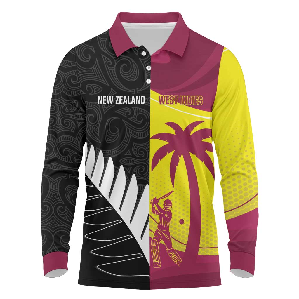 New Zealand and West Indies Cricket Custom Long Sleeve Polo Shirt Black Cap Windies Together - Polynesian Pride
