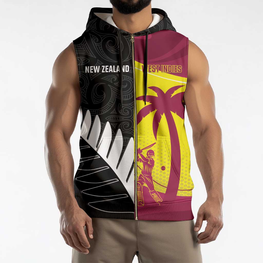 New Zealand and West Indies Cricket Custom Sleeveless Zip Hoodie Black Cap Windies Together - Polynesian Pride