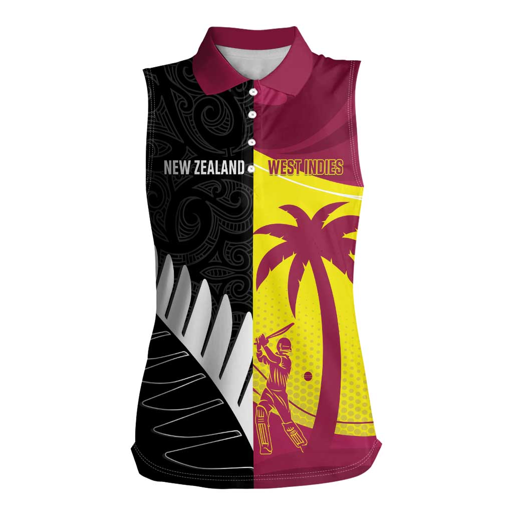 New Zealand and West Indies Cricket Custom Women Sleeveless Polo Shirt Black Cap Windies Together - Polynesian Pride