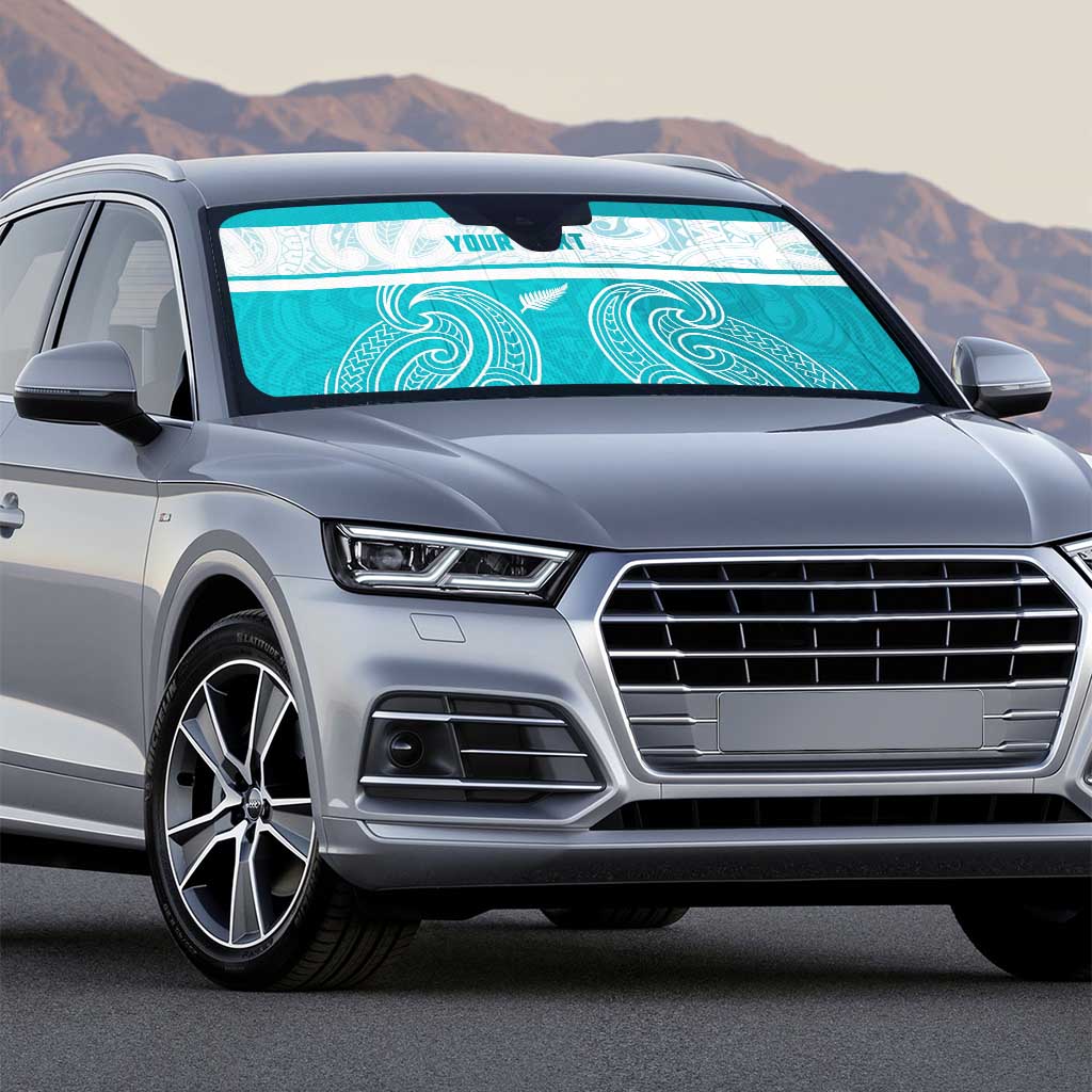 New Zealand Silver Fern Cricket Custom Auto Sun Shade Black Cap Teal Maori Pattern - Polynesian Pride