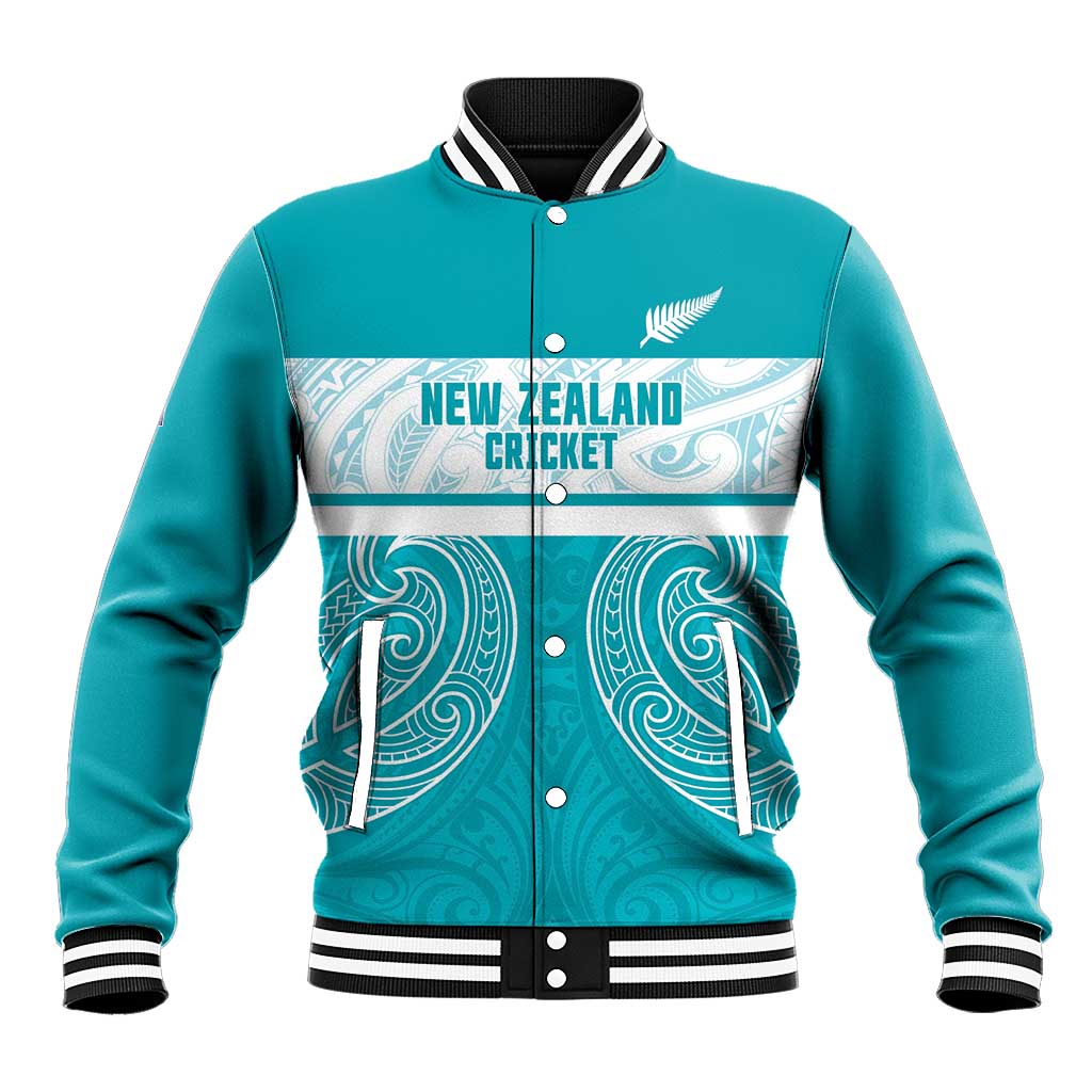 New Zealand Silver Fern Cricket Custom Baseball Jacket Black Cap Teal Maori Pattern - Polynesian Pride