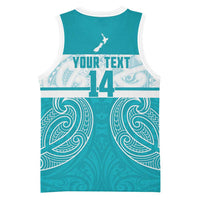 New Zealand Silver Fern Cricket Custom Basketball Jersey Black Cap Teal Maori Pattern - Polynesian Pride