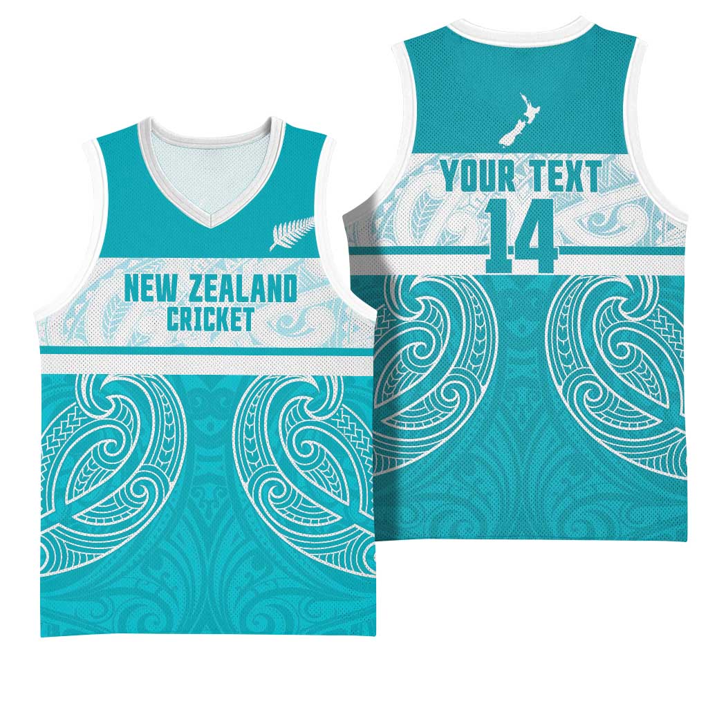 New Zealand Silver Fern Cricket Custom Basketball Jersey Black Cap Teal Maori Pattern - Polynesian Pride