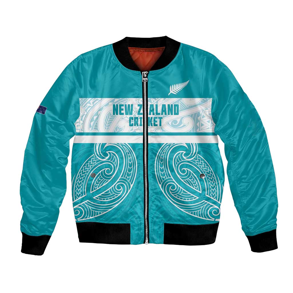 New Zealand Silver Fern Cricket Custom Bomber Jacket Black Cap Teal Maori Pattern - Polynesian Pride