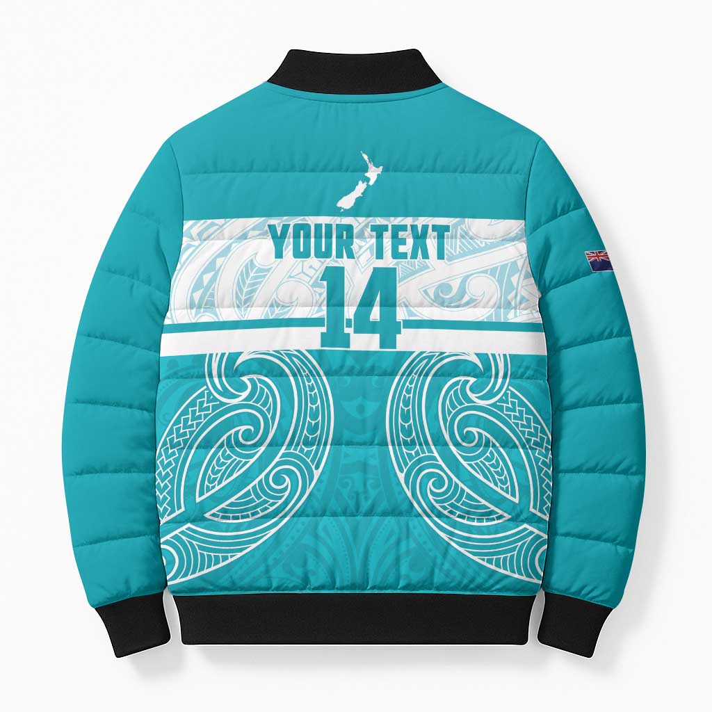 New Zealand Silver Fern Cricket Custom Bomber Puffer Jacket Black Cap Teal Maori Pattern - Polynesian Pride