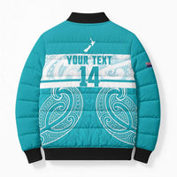 New Zealand Silver Fern Cricket Custom Bomber Puffer Jacket Black Cap Teal Maori Pattern - Polynesian Pride