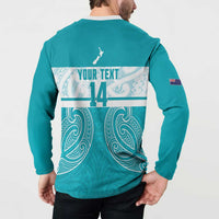 New Zealand Silver Fern Cricket Custom Button Sweatshirt Black Cap Teal Maori Pattern - Polynesian Pride