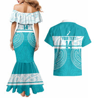 New Zealand Silver Fern Cricket Custom Couples Matching Mermaid Dress and Hawaiian Shirt Black Cap Teal Maori Pattern - Polynesian Pride