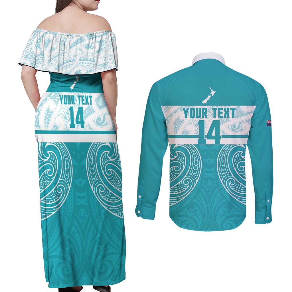 New Zealand Silver Fern Cricket Custom Couples Matching Off Shoulder Maxi Dress and Long Sleeve Button Shirt Black Cap Teal Maori Pattern - Polynesian Pride