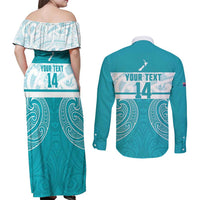 New Zealand Silver Fern Cricket Custom Couples Matching Off Shoulder Maxi Dress and Long Sleeve Button Shirt Black Cap Teal Maori Pattern - Polynesian Pride