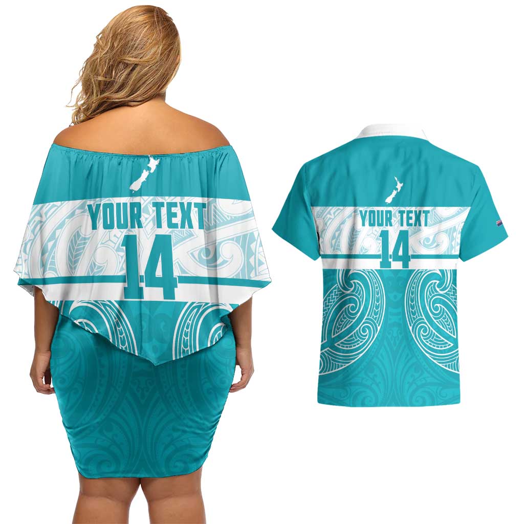 New Zealand Silver Fern Cricket Custom Couples Matching Off Shoulder Short Dress and Hawaiian Shirt Black Cap Teal Maori Pattern - Polynesian Pride
