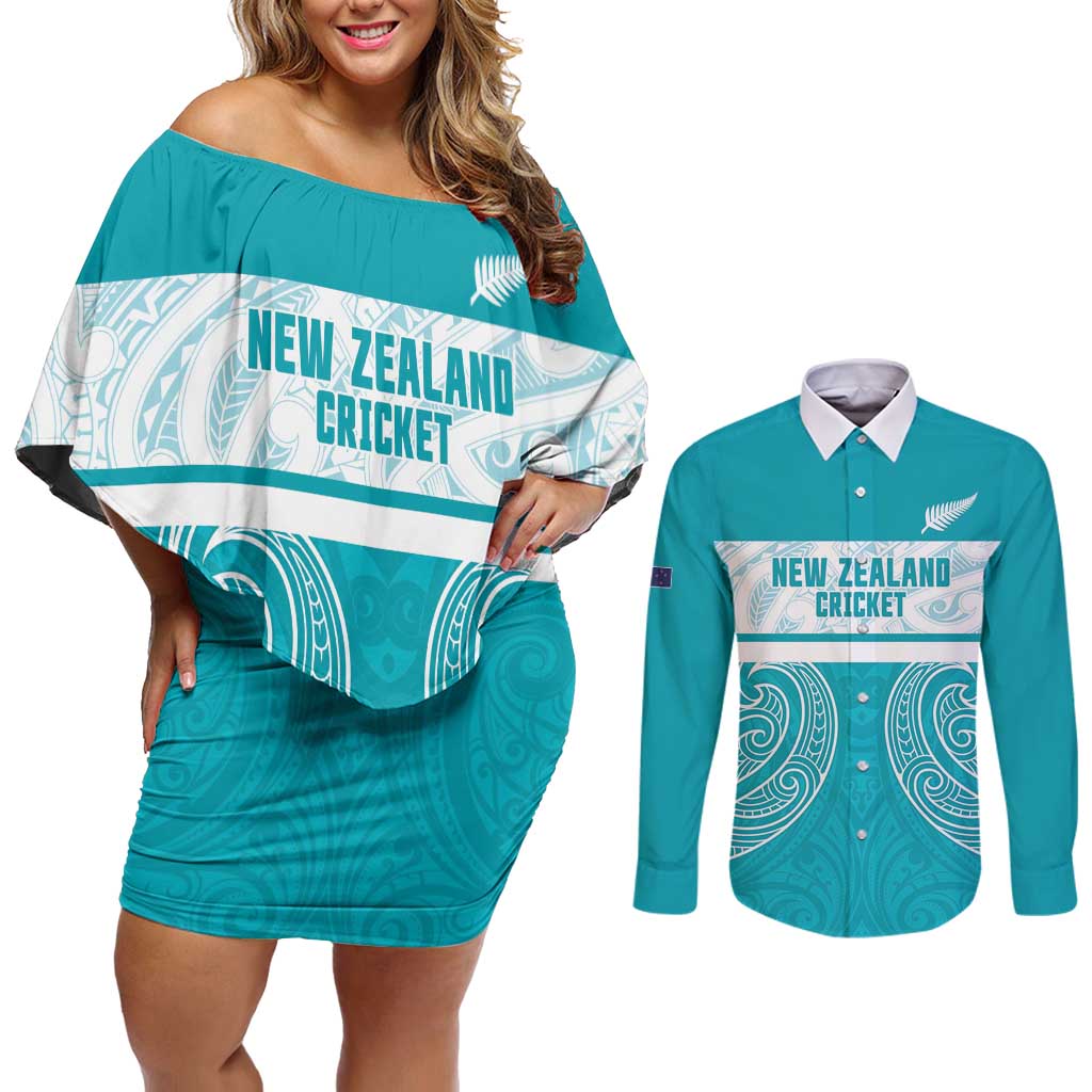 New Zealand Silver Fern Cricket Custom Couples Matching Off Shoulder Short Dress and Long Sleeve Button Shirt Black Cap Teal Maori Pattern - Polynesian Pride