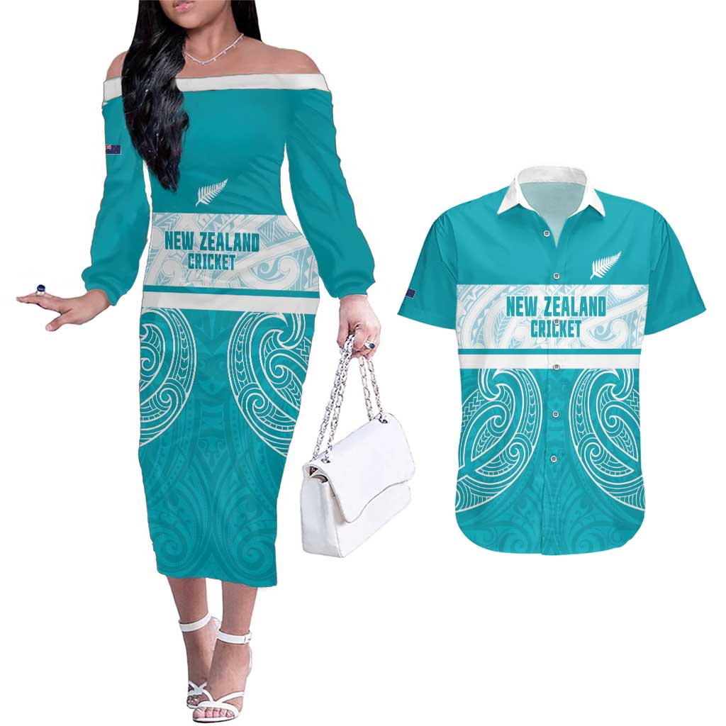 New Zealand Silver Fern Cricket Custom Couples Matching Off The Shoulder Long Sleeve Dress and Hawaiian Shirt Black Cap Teal Maori Pattern - Polynesian Pride