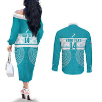 New Zealand Silver Fern Cricket Custom Couples Matching Off The Shoulder Long Sleeve Dress and Long Sleeve Button Shirt Black Cap Teal Maori Pattern - Polynesian Pride