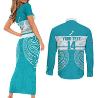 New Zealand Silver Fern Cricket Custom Couples Matching Short Sleeve Bodycon Dress and Long Sleeve Button Shirt Black Cap Teal Maori Pattern - Polynesian Pride