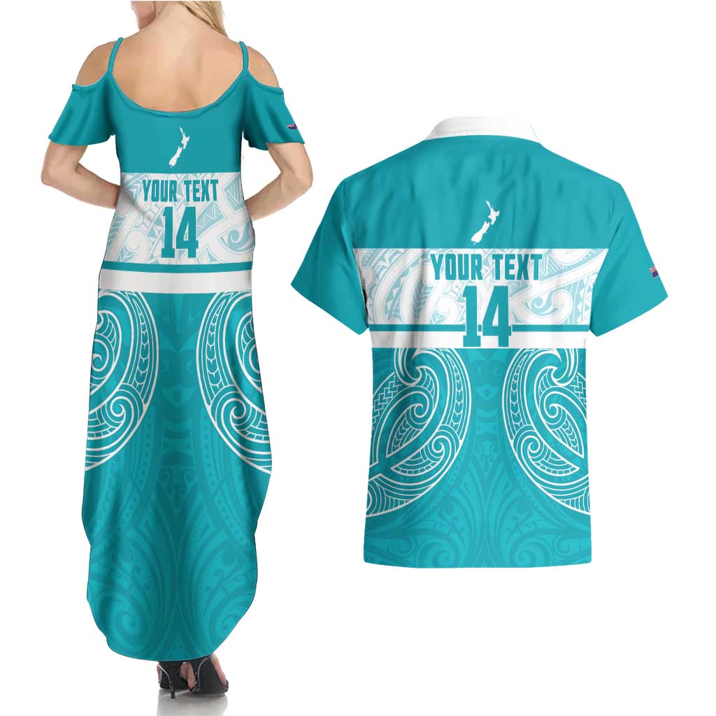 New Zealand Silver Fern Cricket Custom Couples Matching Summer Maxi Dress and Hawaiian Shirt Black Cap Teal Maori Pattern - Polynesian Pride
