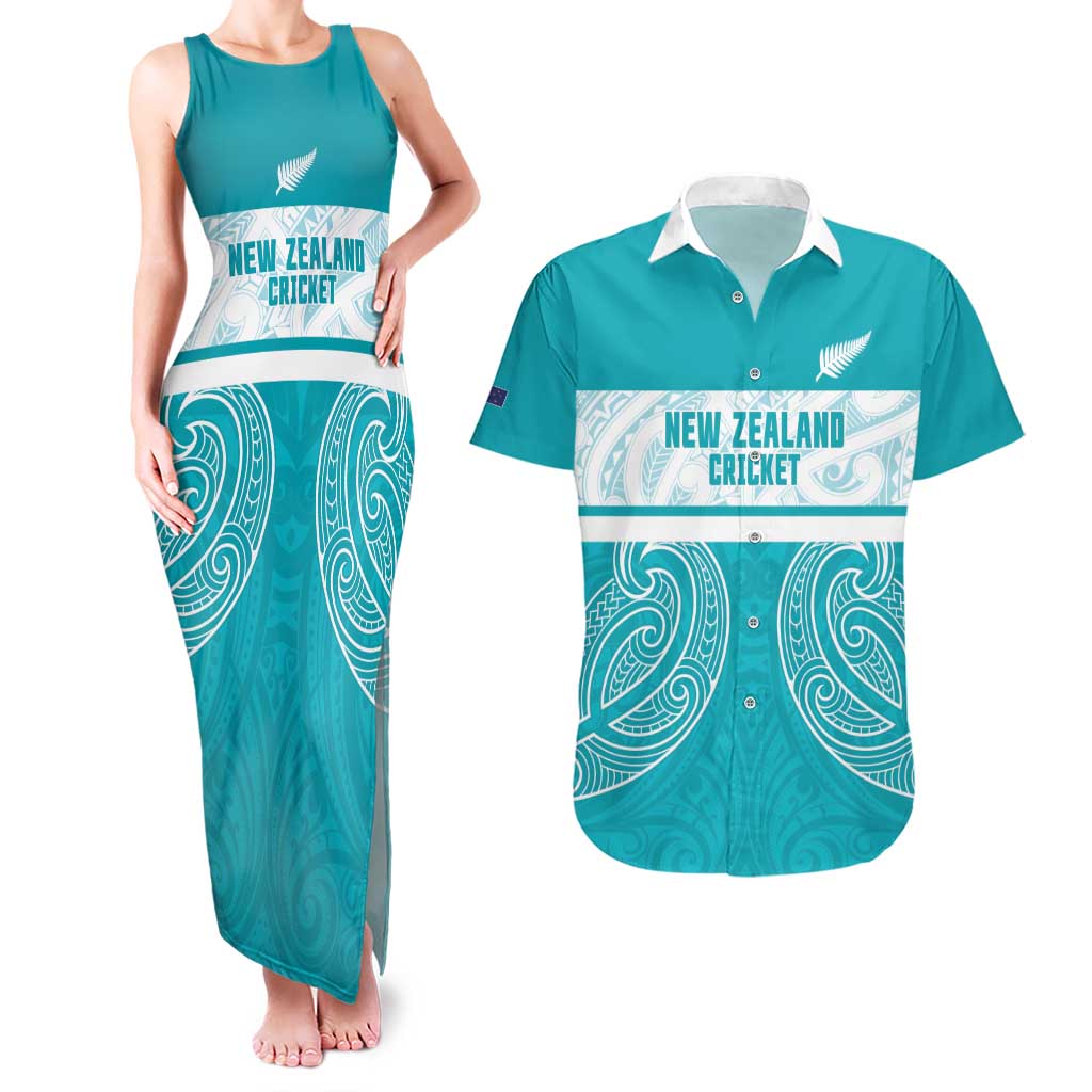New Zealand Silver Fern Cricket Custom Couples Matching Tank Maxi Dress and Hawaiian Shirt Black Cap Teal Maori Pattern - Polynesian Pride