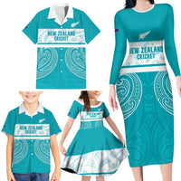 New Zealand Silver Fern Cricket Custom Family Matching Long Sleeve Bodycon Dress and Hawaiian Shirt Black Cap Teal Maori Pattern - Polynesian Pride
