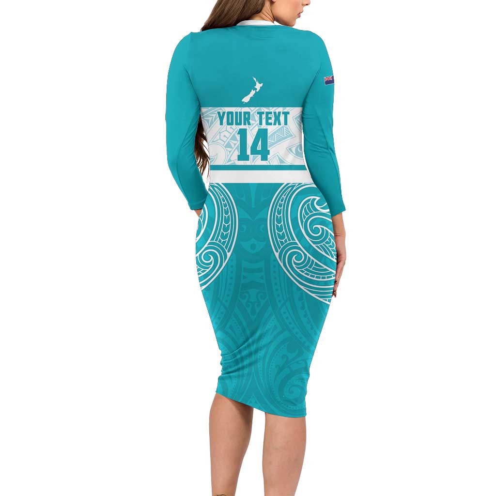 New Zealand Silver Fern Cricket Custom Family Matching Long Sleeve Bodycon Dress and Hawaiian Shirt Black Cap Teal Maori Pattern - Polynesian Pride