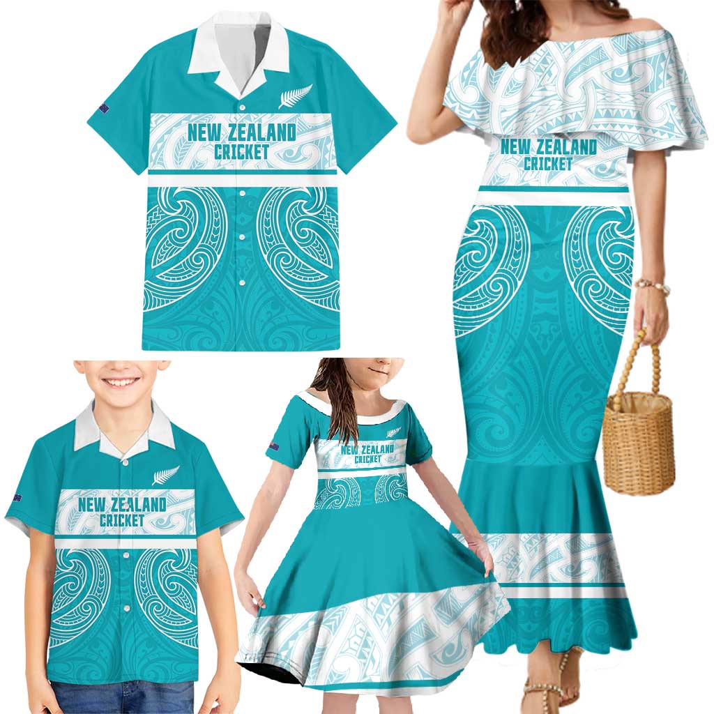 New Zealand Silver Fern Cricket Custom Family Matching Mermaid Dress and Hawaiian Shirt Black Cap Teal Maori Pattern - Polynesian Pride