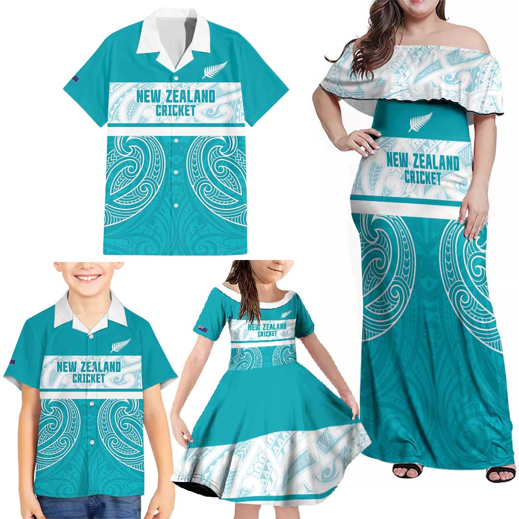 New Zealand Silver Fern Cricket Custom Family Matching Off Shoulder Maxi Dress and Hawaiian Shirt Black Cap Teal Maori Pattern - Polynesian Pride