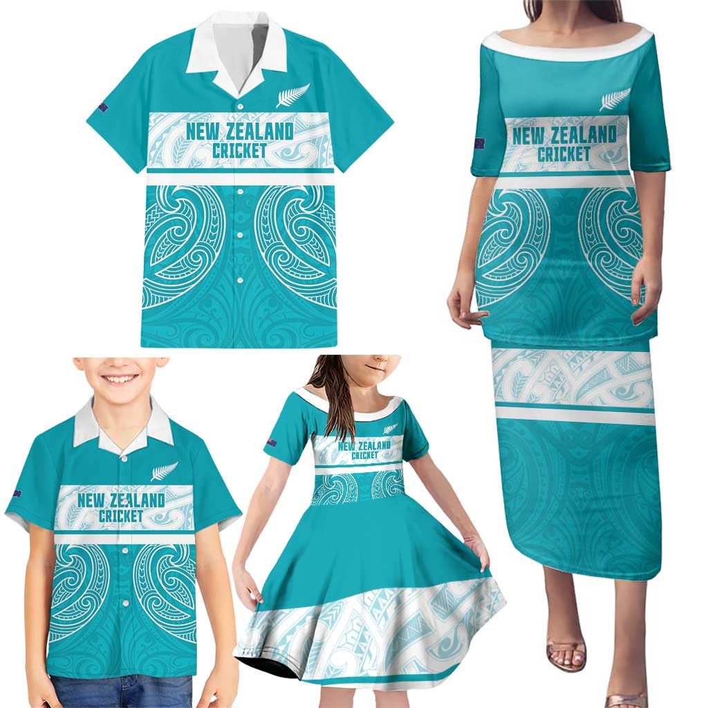 New Zealand Silver Fern Cricket Custom Family Matching Puletasi and Hawaiian Shirt Black Cap Teal Maori Pattern - Polynesian Pride