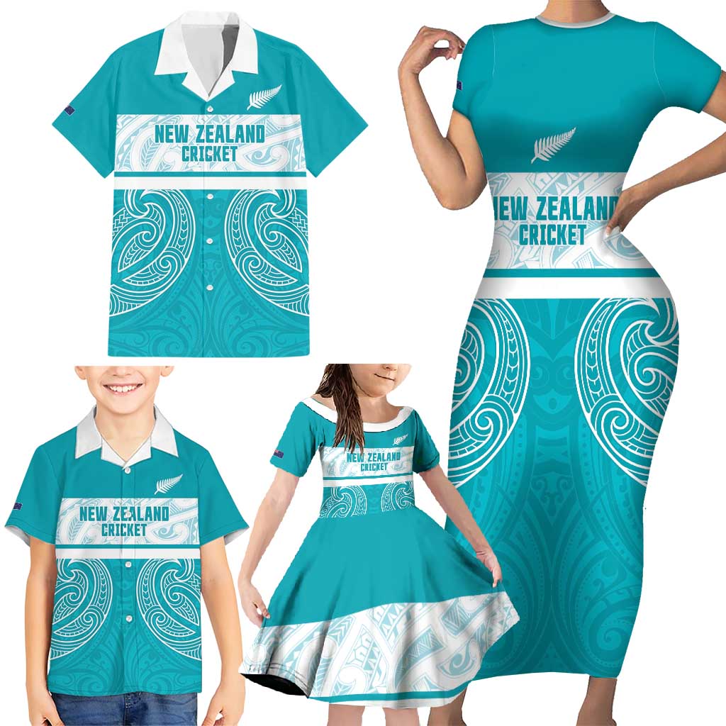 New Zealand Silver Fern Cricket Custom Family Matching Short Sleeve Bodycon Dress and Hawaiian Shirt Black Cap Teal Maori Pattern - Polynesian Pride