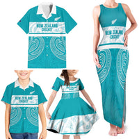 New Zealand Silver Fern Cricket Custom Family Matching Tank Maxi Dress and Hawaiian Shirt Black Cap Teal Maori Pattern - Polynesian Pride