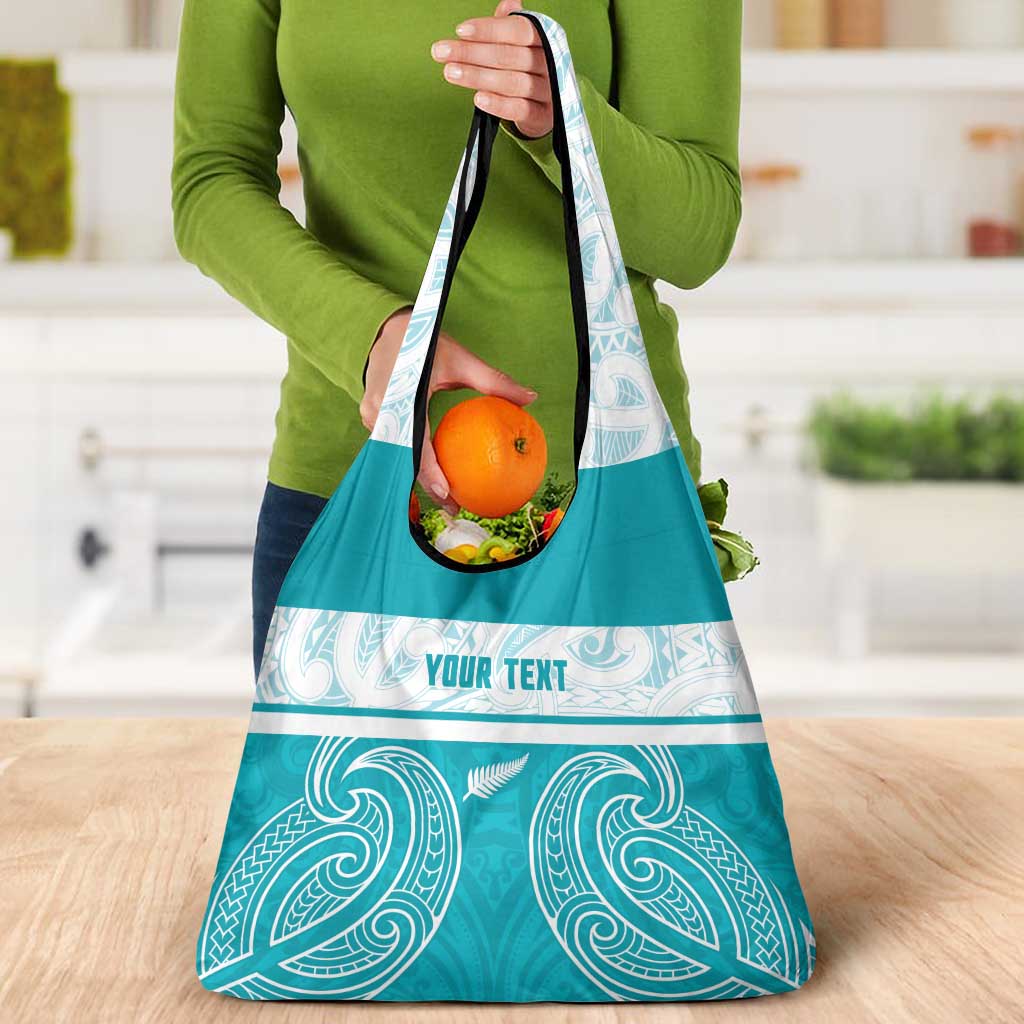 New Zealand Silver Fern Cricket Custom Grocery Bag Black Cap Teal Maori Pattern - Polynesian Pride