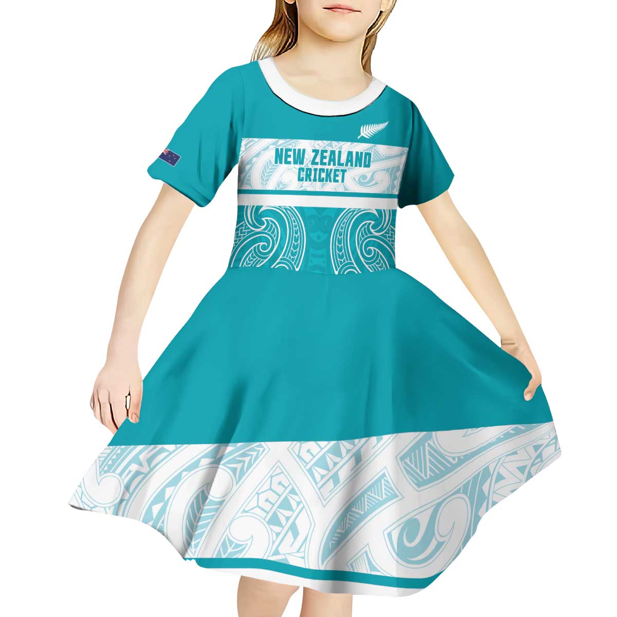 New Zealand Silver Fern Cricket Custom Kid Short Sleeve Dress Black Cap Teal Maori Pattern - Polynesian Pride